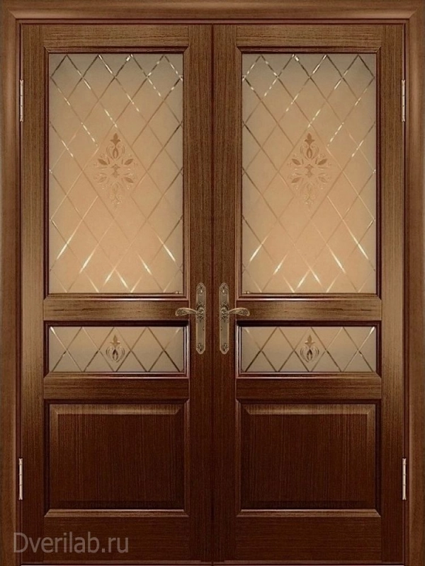 Двустворчатая дверь шпон Готика орех со стеклом